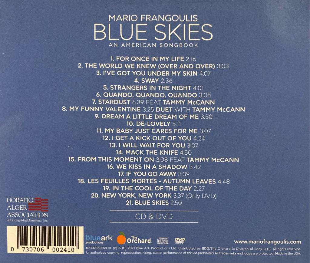 Back cover to Mario Frangoulis Blue Skies album
